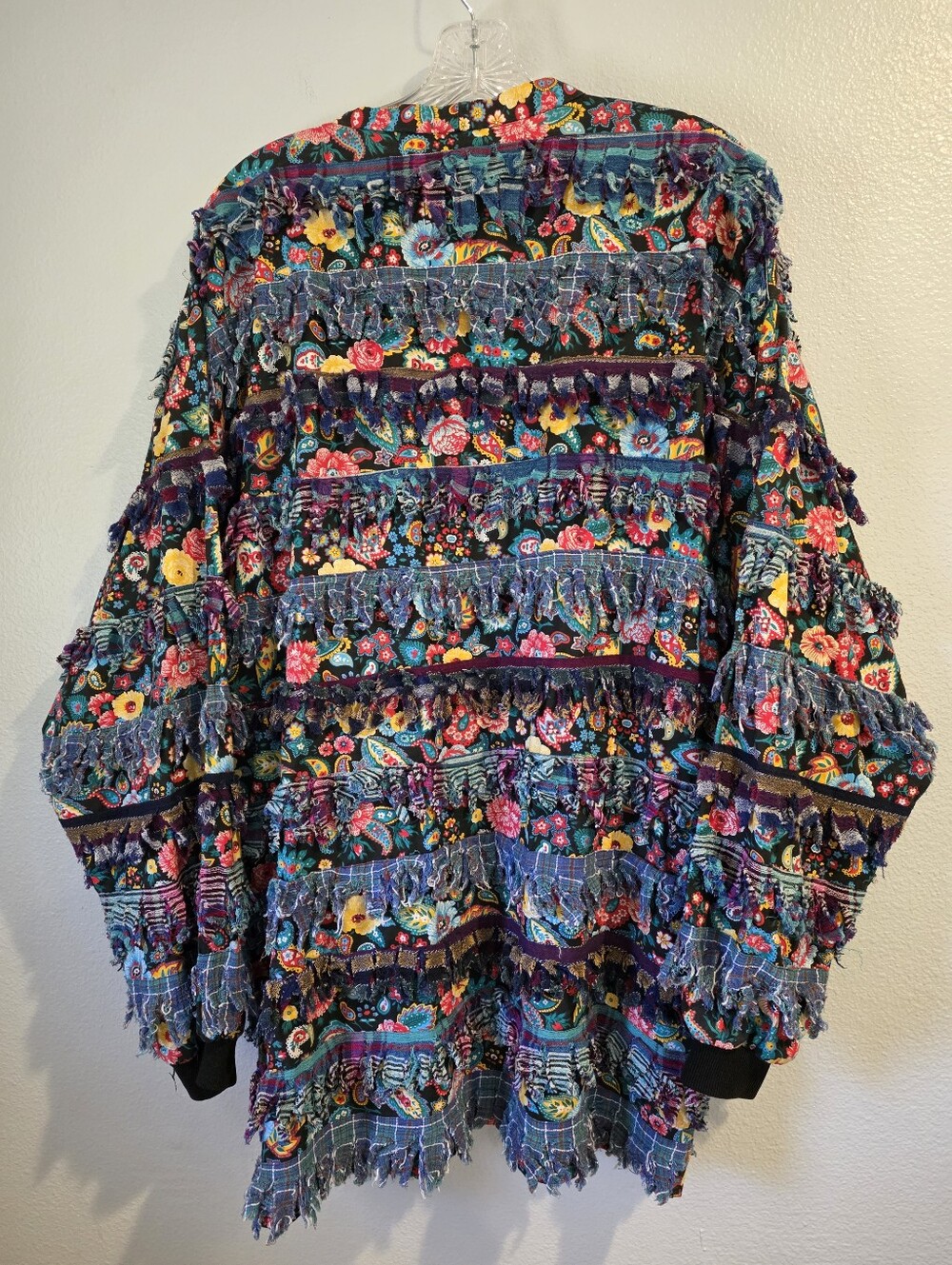 Womens Paula Sweet "Muslin Mink" Art-to-Wear Jacket W/Floral Print & Fringe L - Picture 3 of 8
